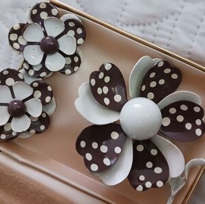 Vintage Polka Dot Flower Brooch and Earrings Set